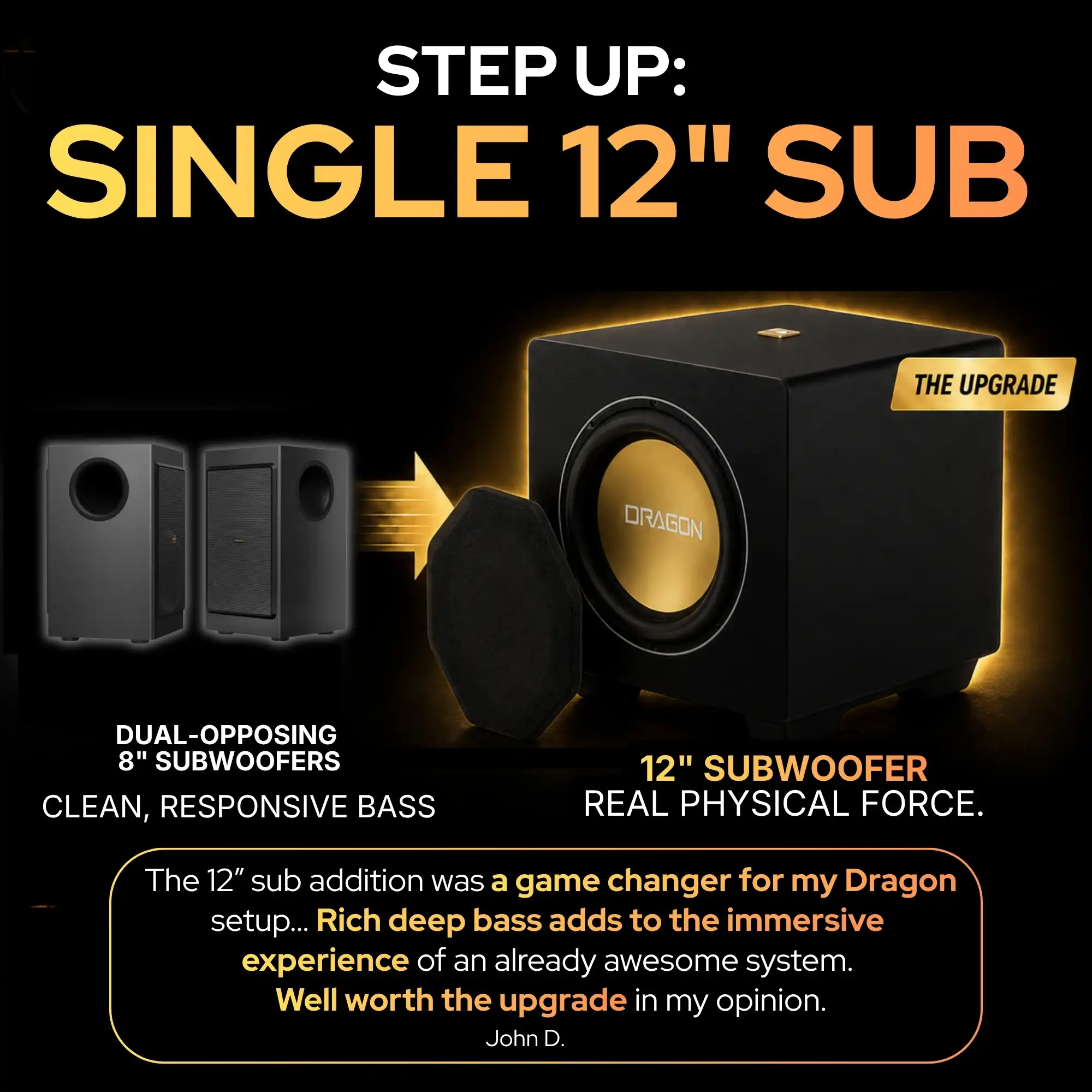 image showing upgrade path for a dragon dual 8 subwoofer to dragon single 12 subwoofer