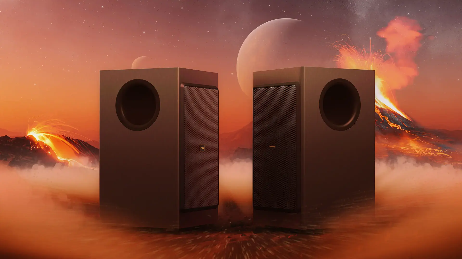 Nakamichi modular dual-opposing 8 inch subwoofer in a cinematic volcanic scene